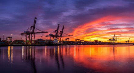 Obraz premium Stunning sunset over port cranes harbor landscape reflective water aesthetic industrial beauty