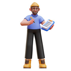 3D Render of Man Holding Checklist Against Transparent Background