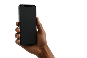 Hand with rich brown skin holding modern smartphone isolated on clean white background