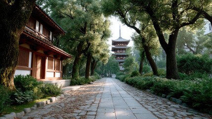 Fototapeta premium Stone Pathway Leading to a Traditional Japanese Pagoda in Lush Green Garden