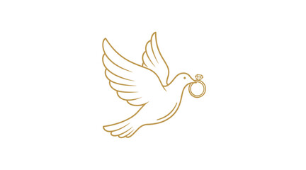 Obraz premium Golden dove flying with a diamond ring in its beak flat illustration