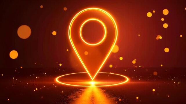 Futuristic neon glowing map pointer location marker with particles effect