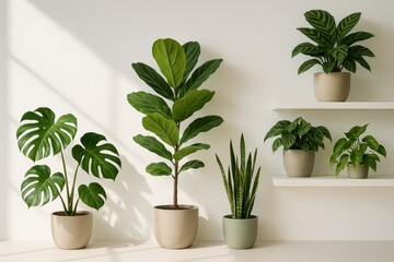 Obraz premium Modern indoor jungle of tropical houseplants in matte ceramic planters styled on white shelving against bright wall airy home gardening banner composition