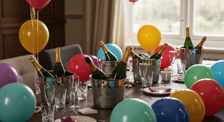 Celebration event with champagne and balloons indoor dining room festive atmosphere engaging viewpoint