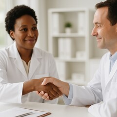 Obraz premium Warm handshake between physician and patient in a modern clinic conveying trust and empathy with soft light and clean white interior
