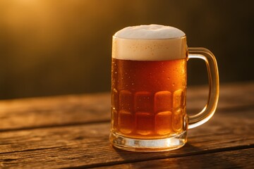 Frothy mug of beer on rustic wooden table with festival bokeh background