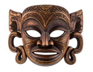 Ornate wooden mask, detailed carving and intricate gold accents, highlights traditional craftsmanship.