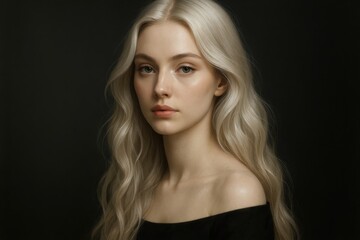 Fototapeta premium Ethereal portrait of woman with glossy platinum blonde waves flowing across dark background luminous hair texture elegant beauty digital illustration