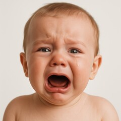 Close up studio portrait of crying baby boy on clean white background raw emotion and real tears parenting and childhood concept high detail