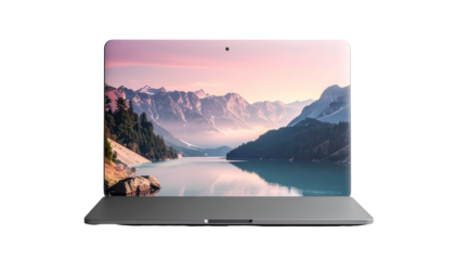 A modern laptop displays a tranquil scene of a serene lake surrounded by majestic mountains under a soft, pastel-colored sky.