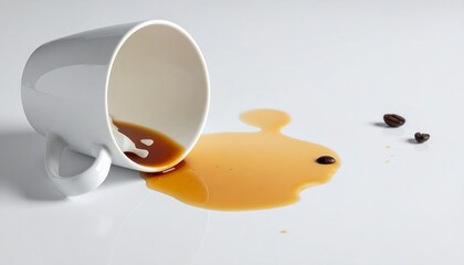 Spilled coffee from a tipped white mug on a reflective surface, with coffee beans nearby