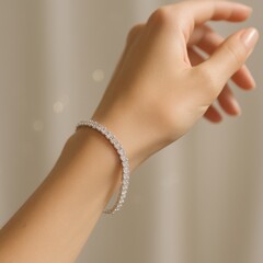 Elegant diamond tennis bracelet on young womans wrist in soft natural light luxury fashion jewelry close up with delicate sparkle