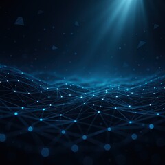 Futuristic data waves and glowing blue particle networks forming a shimmering sci fi landscape of neon circuits energy streams and floating geometric structures