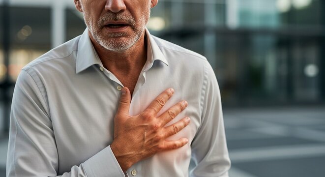 Man in distress clutches chest, possibly due to heart attack or panic attack. He is outside, likely in a city center. He is light skinned.