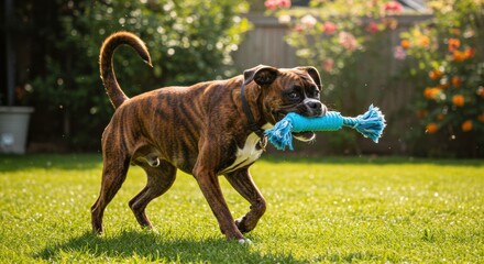 Playful boxer dog fetching toy in lush garden outdoor action shot vibrant summer atmosphere