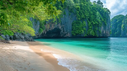 A hidden tropical cove with crystal-clear waters, dramatic limestone cliffs covered in lush greenery, on blurred background