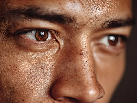 Extreme closeup reveals the textured skin and focused gaze of a young man with captivating brown eyes looking afar.