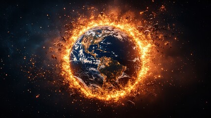 Naklejka premium Burning Earth with Fiery Aura in Space Background