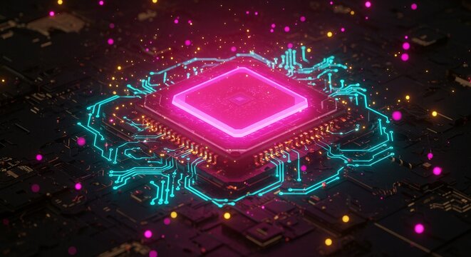 A vibrant, high-tech image of a glowing central processing unit on a motherboard with intricate circuits and vibrant neon particle effects.