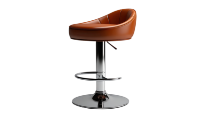 A modern, tan leather bar stool with polished chrome accents is presented against a dark background.