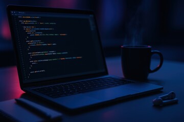 Developer workspace with laptop screen showing colorful code lines coffee mug notepad and wireless earbuds on sleek desk night mode cyberpunk neon reflections