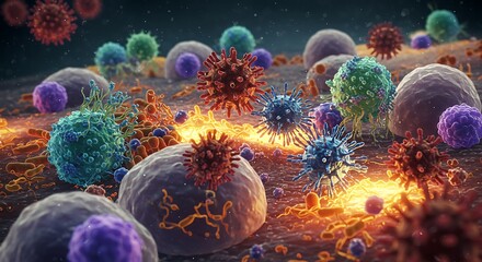 Fototapeta premium Microscopic view of various viruses and cells, showcasing biological structures and potential infections.