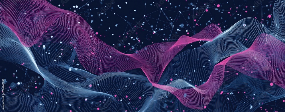 Wall mural abstract digital background with wavy lines and dots, in a dark blue color scheme, with pink highlig