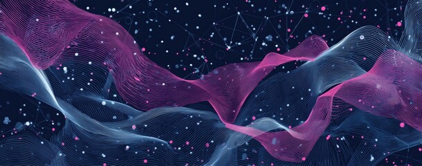abstract digital background with wavy lines and dots, in a dark blue color scheme, with pink highlights, and a grid network connecting shapes in a vector art style Generative AI