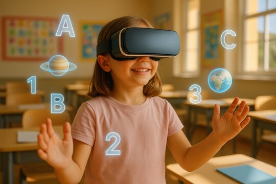 Cheerful schoolgirl wearing a virtual reality headset explores colorful learning holograms in a bright classroom with playful decor and sunlight