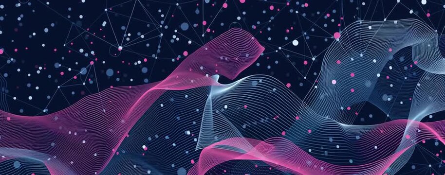 abstract digital background with wavy lines and dots, in a dark blue color scheme, with pink highlights, and a grid network connecting shapes in a vector art style Generative AI