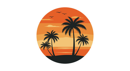 Tropical island palm trees at sunset with a vibrant orange sky silhouette