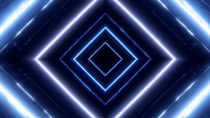 Dynamic blue and white neon light tunnel effect with geometric diamond shapes creating an abstract - Powered by Adobe