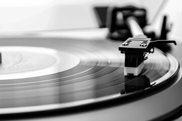A close-up view of a vinyl record spinning on a turntable, showcasing details of the needle, grooves, and a timeless musical atmosphere. Generative AI.