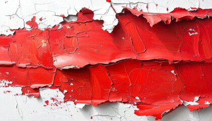 Close-up of red paint peeling to reveal white beneath—rough flakes curl away from the surface in layered texture. A metaphor for memory and the choreography of decay through tactile erosion and emotio