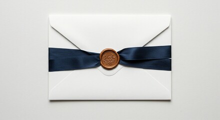 Elegant white envelope adorned with a navy ribbon and a wax seal, conveying formality and attention to detail for a special occasion.
