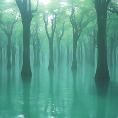 Misty, flooded forest.  Green trees rise from a tranquil, teal water expanse.  Soft, diffused light illuminates the scene, hinting at a mystical atmosphere