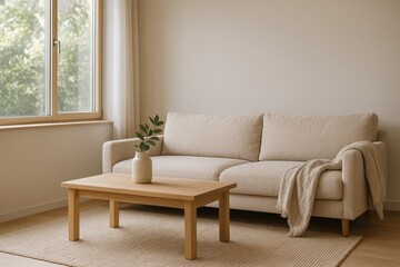 Japandi living room with beige sofa wood accents and calm minimalist natural light
