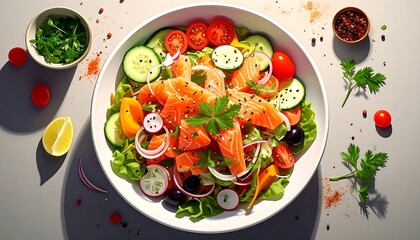 Salmon salad with fresh vegetables