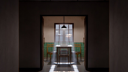 3D render of a minimalist waiting room interior with wooden chairs, table, window light, and green tiled wall. Modern digital environment art.