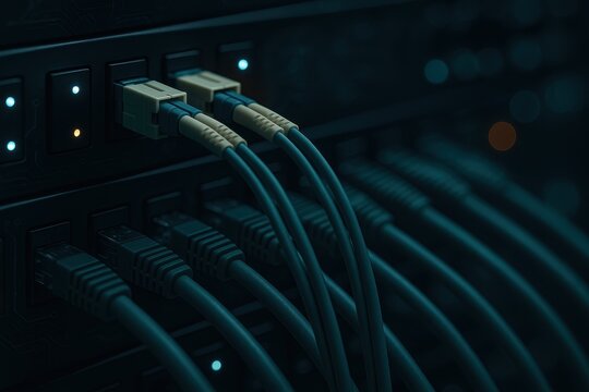 Fiber optic network cabling glowing in dark server racks seamless data connections with bokeh lights and quantum inspired circuitry concept high tech ambiance - Powered by Adobe