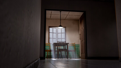 3D render of a minimalist waiting room interior with wooden chairs, table, window light, and green tiled wall. Modern digital environment art.