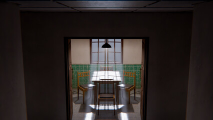 3D render of a minimalist waiting room interior with wooden chairs, table, window light, and green tiled wall. Modern digital environment art.