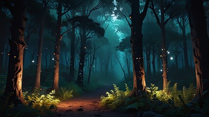 Naklejka premium Enchanted forest path with glowing lights and mystical atmosphere.
