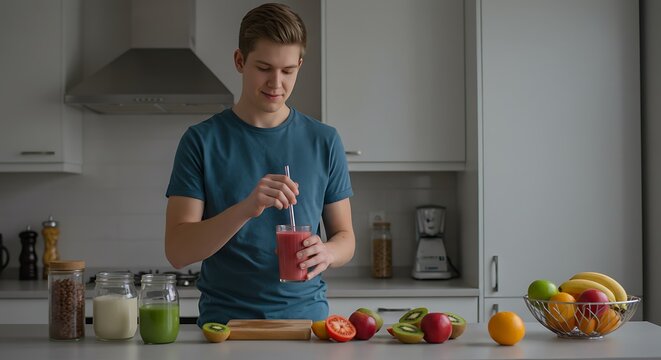 Young man in a modern kitchen stirring a freshly made red fruit smoothie with a straw.