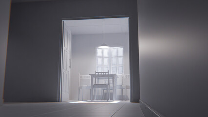 3D render of a minimalist waiting room interior with wooden chairs, table, window light, and green tiled wall. Modern digital environment art.