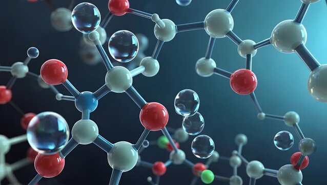 Molecular Structure Alongside Spherical Water Droplet, Generated Through Three-Dimensional Computer Graphics