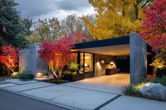 Sleek Modern Homes Evening Glow Amidst Fiery Autumn Leaves and Integrated Landscape Lighting.
