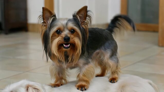 Small Breed Canine of Advanced Age Standing and Trembling on Solid White Surface