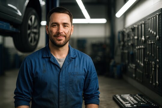 Professional auto mechanic in blue coveralls holding wrench beside lifted car in bright modern service bay confident smile authentic workshop portrait
