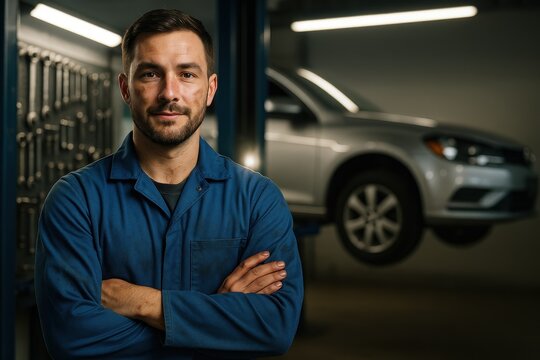 Professional auto mechanic in blue coveralls holding wrench beside lifted car in bright modern service bay confident smile authentic workshop portrait
